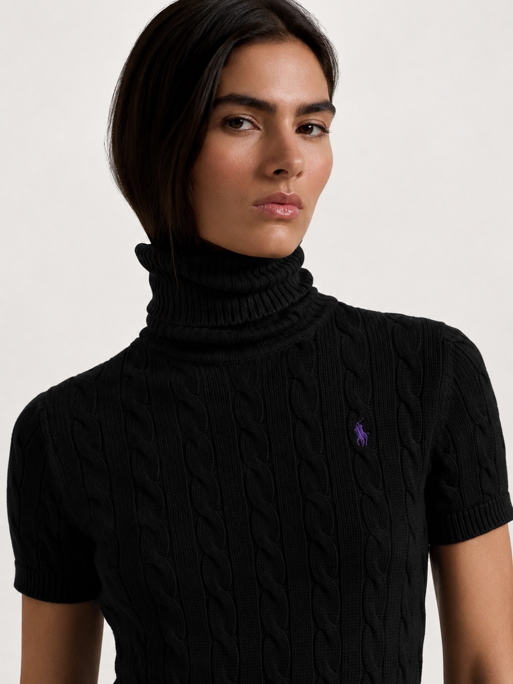 Ralph Lauren Sport Cable Knit Turtleneck Sweater Black Cotton Women Size XL